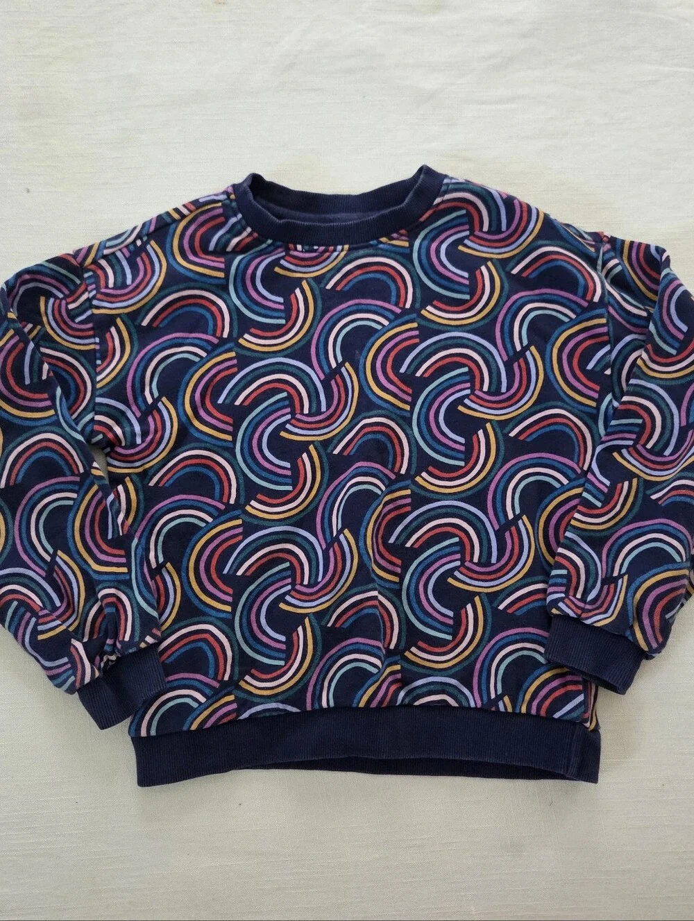 Hanna Andersson Navy Sweatshirt with Colorful Rainbow Swirls Kids 8
